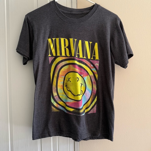 Retro Nirvana Smiley Face Tie Dye Graphic T-Shirt Grunge Kurt Cobain Band Tee - Picture 1 of 4